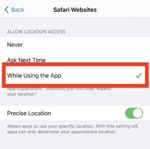 iOS app location services settings