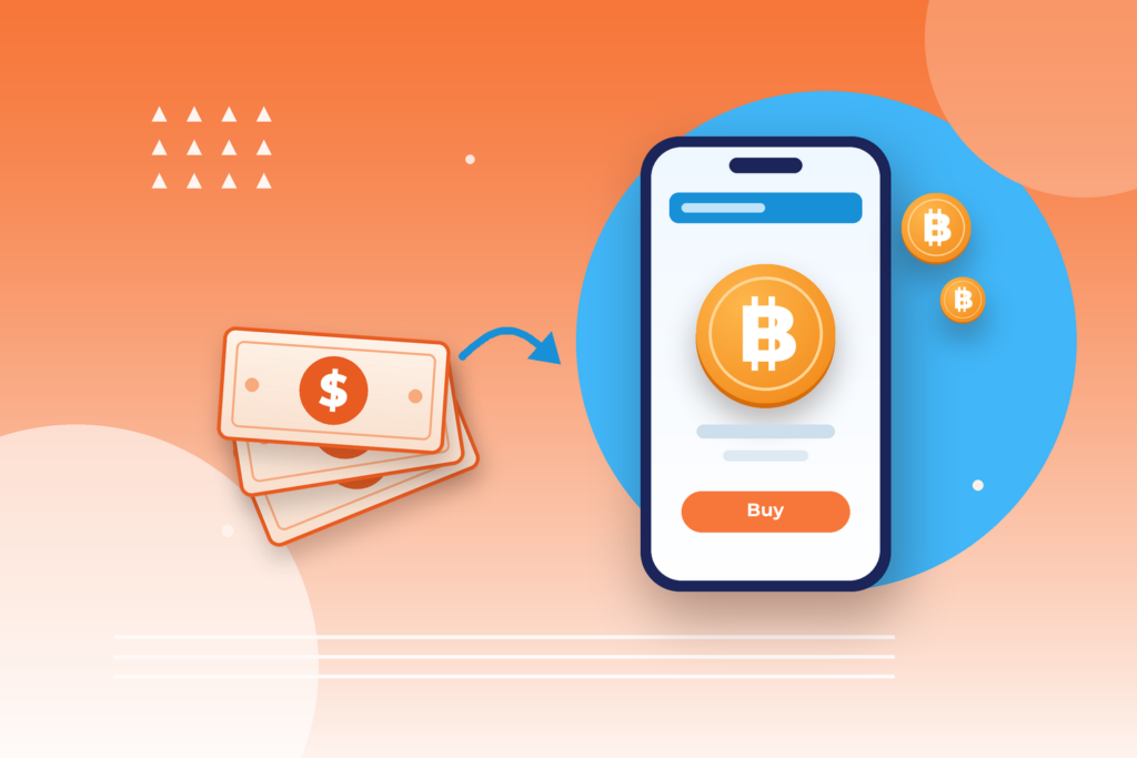 Illustration of cash bills with an arrow pointing to a phone app showing bitcoin