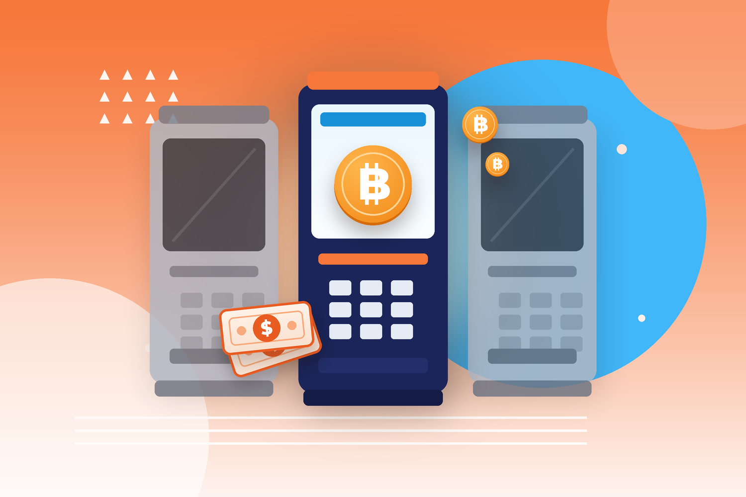 Three Bitcoin ATM kiosks, two dark and faded and one lit up with a Bitcoin coin on its screen, with cash going in